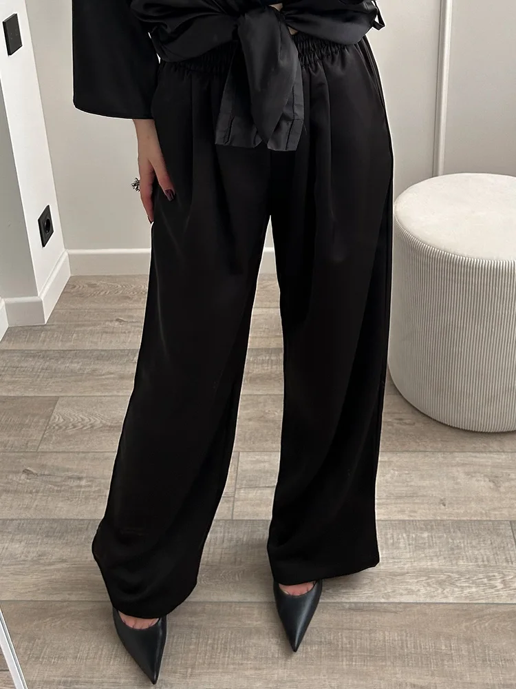 Streamgirl Brown Satin Pants For Women With Pocket Formal Office Clothes Loose Silk Trousers Woman Black Womne's Wide Leg Pants