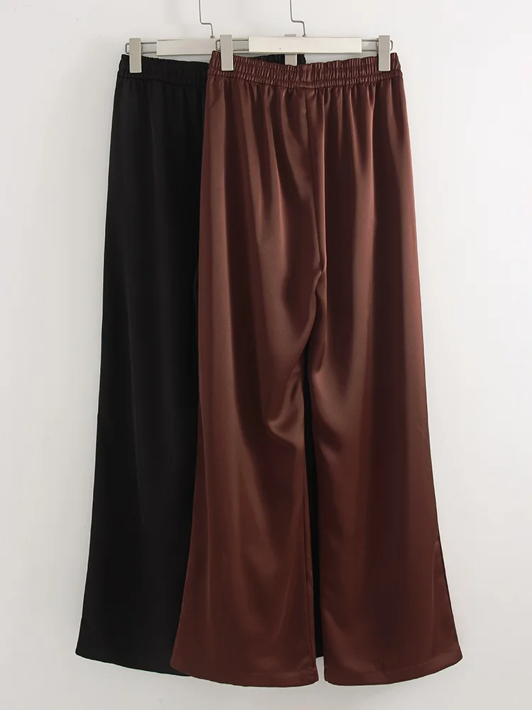 Streamgirl Brown Satin Pants For Women With Pocket Formal Office Clothes Loose Silk Trousers Woman Black Womne's Wide Leg Pants