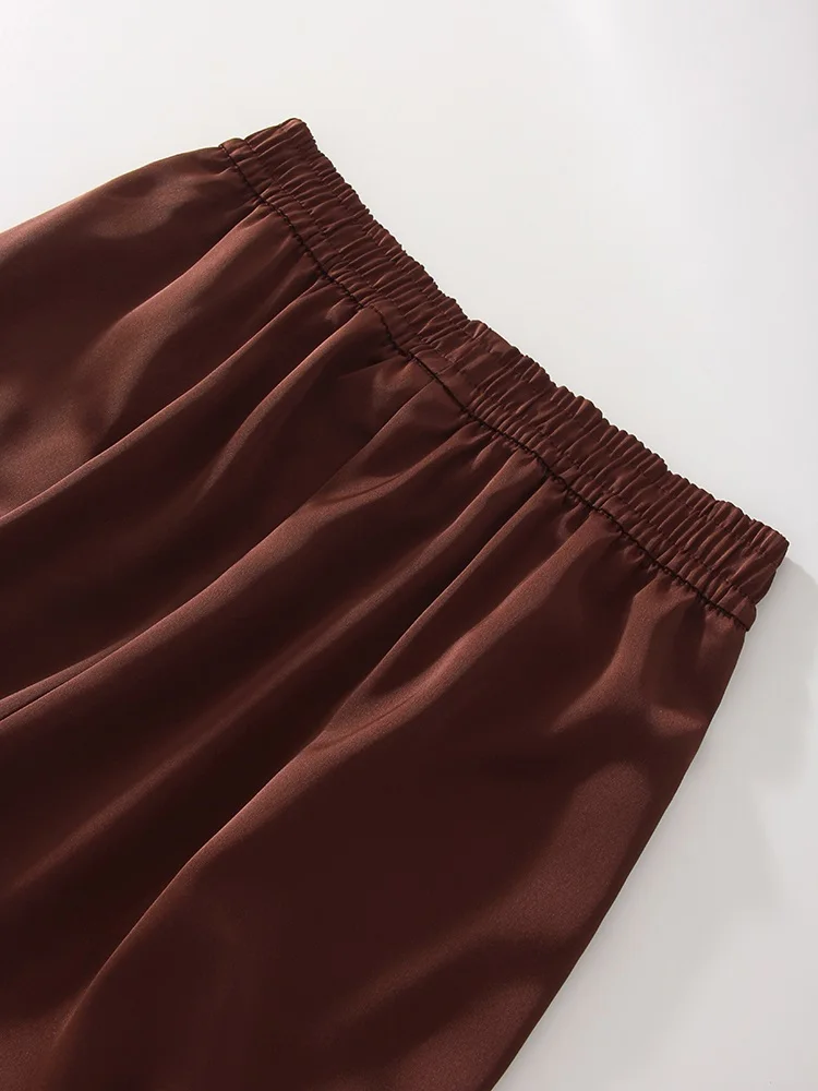 Streamgirl Brown Satin Pants For Women With Pocket Formal Office Clothes Loose Silk Trousers Woman Black Womne's Wide Leg Pants