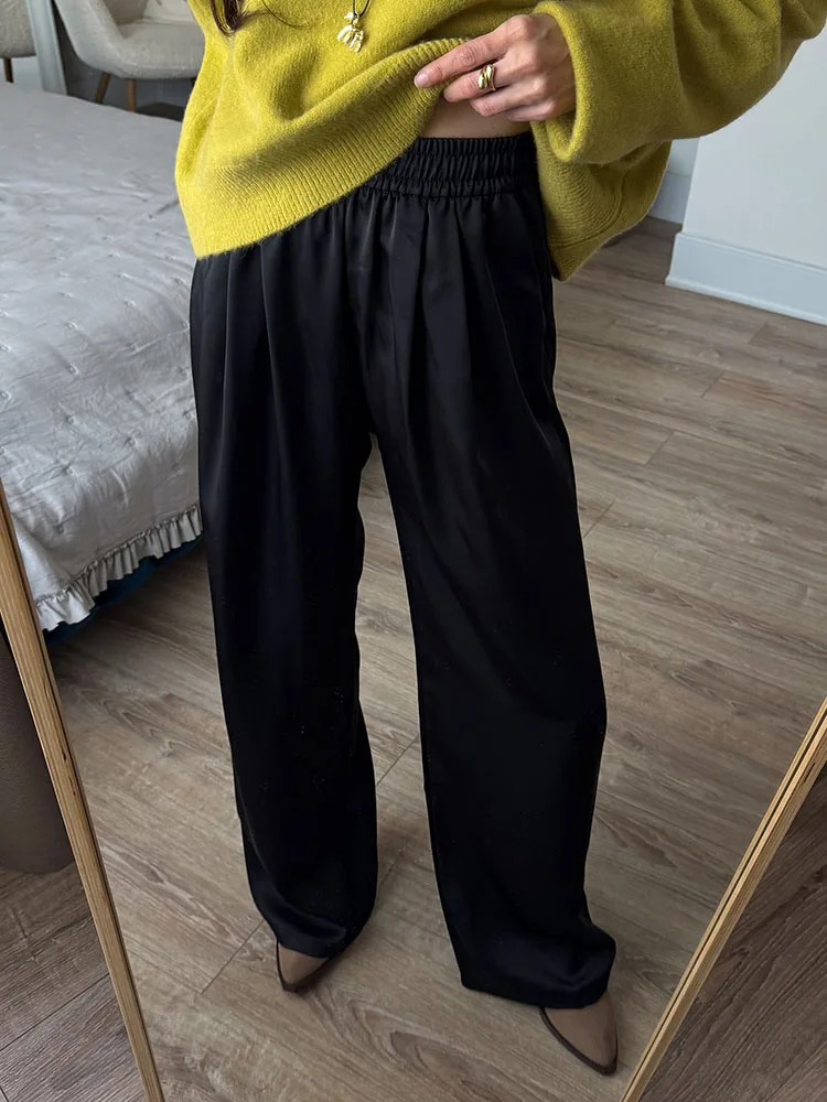 Streamgirl Brown Satin Pants For Women With Pocket Formal Office Clothes Loose Silk Trousers Woman Black Womne's Wide Leg Pants