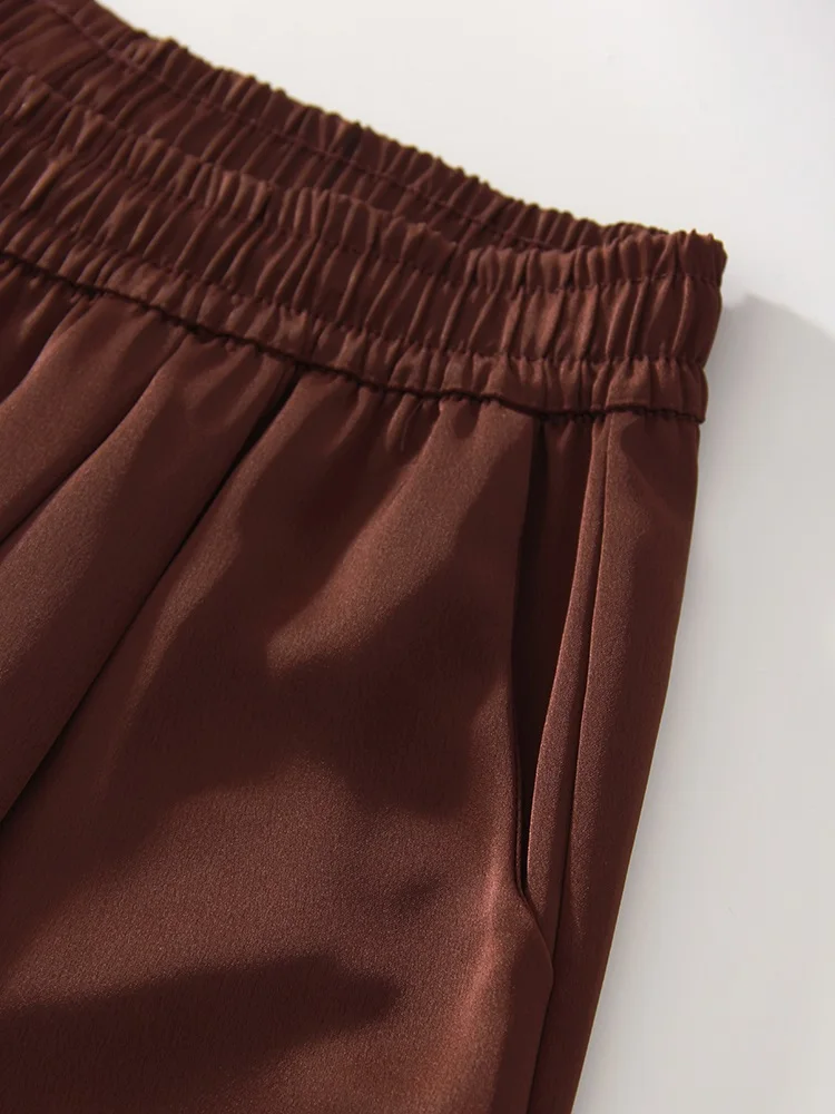 Streamgirl Brown Satin Pants For Women With Pocket Formal Office Clothes Loose Silk Trousers Woman Black Womne's Wide Leg Pants