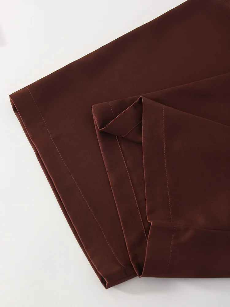 Streamgirl Brown Satin Pants For Women With Pocket Formal Office Clothes Loose Silk Trousers Woman Black Womne's Wide Leg Pants