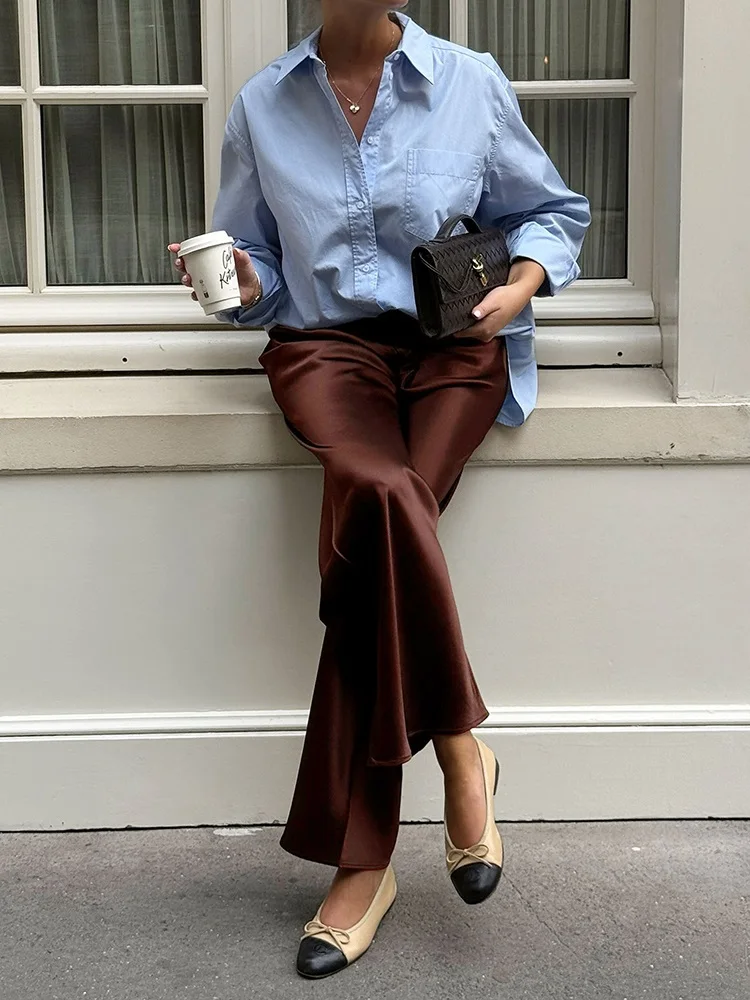 Streamgirl Brown Satin Pants For Women With Pocket Formal Office Clothes Loose Silk Trousers Woman Black Womne's Wide Leg Pants