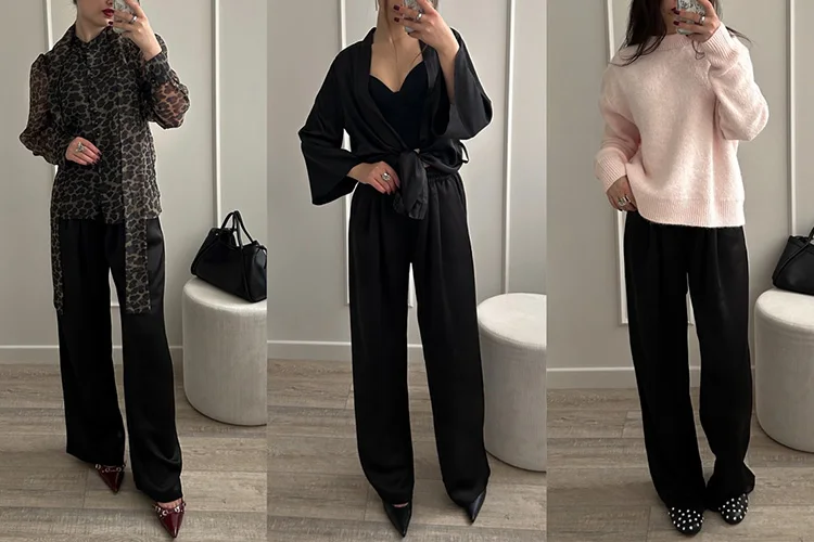 Streamgirl Brown Satin Pants For Women With Pocket Formal Office Clothes Loose Silk Trousers Woman Black Womne's Wide Leg Pants
