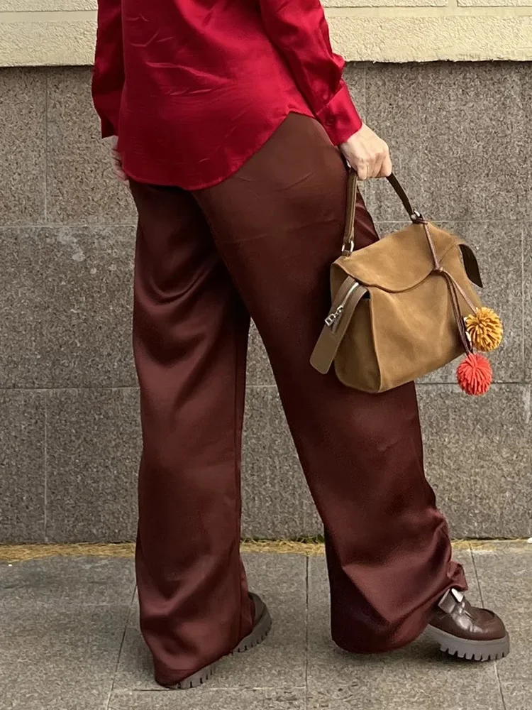 Streamgirl Brown Satin Pants For Women With Pocket Formal Office Clothes Loose Silk Trousers Woman Black Womne's Wide Leg Pants