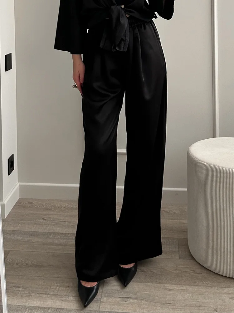 Streamgirl Brown Satin Pants For Women With Pocket Formal Office Clothes Loose Silk Trousers Woman Black Womne's Wide Leg Pants