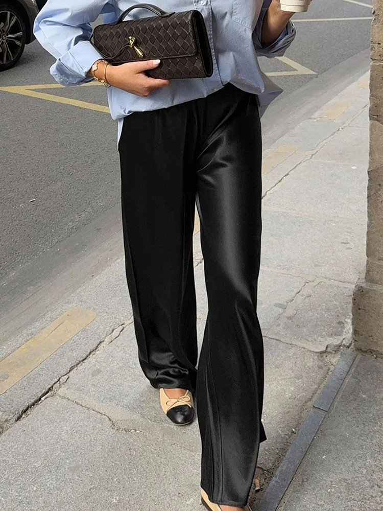 Streamgirl Brown Satin Pants For Women With Pocket Formal Office Clothes Loose Silk Trousers Woman Black Womne's Wide Leg Pants