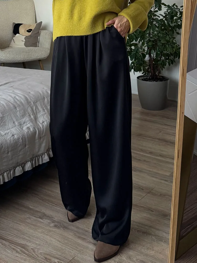 Streamgirl Brown Satin Pants For Women With Pocket Formal Office Clothes Loose Silk Trousers Woman Black Womne's Wide Leg Pants
