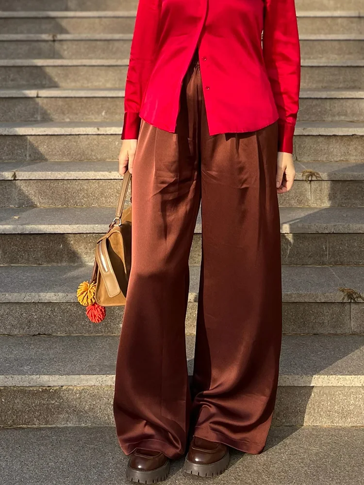 Streamgirl Brown Satin Pants For Women With Pocket Formal Office Clothes Loose Silk Trousers Woman Black Womne's Wide Leg Pants