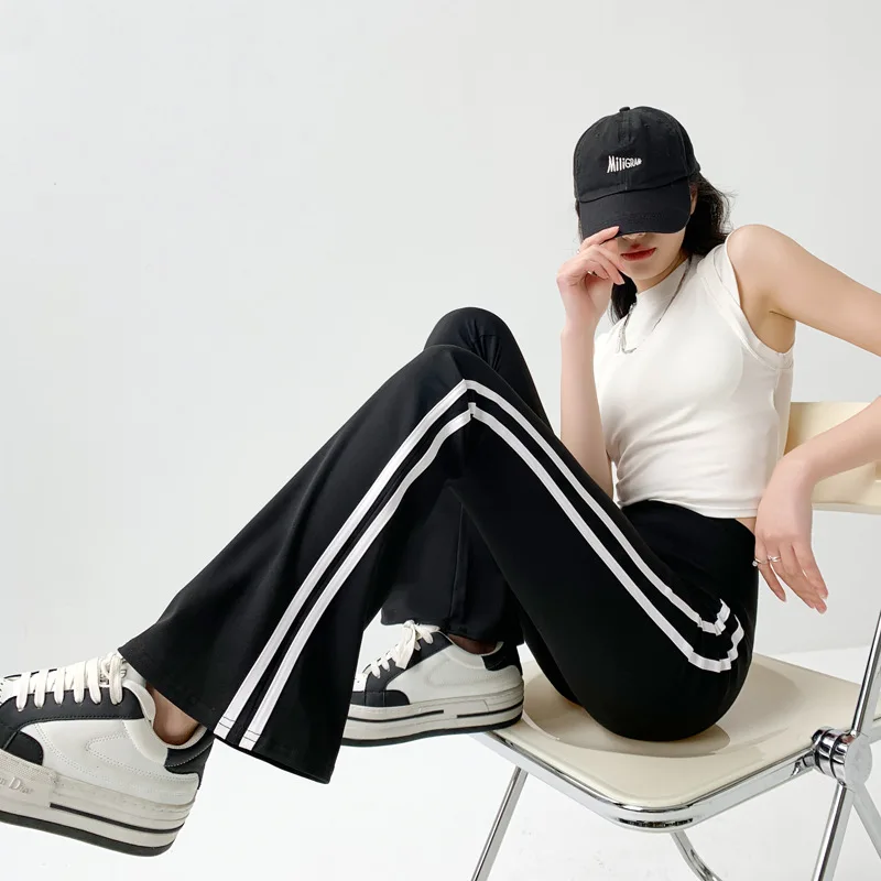 BIVIGAOS Striped Black Micro Flared Shark Pants Women High Waist Slim Sport Pocket Flared Leggings Spring Autumn Horseshoe Pants