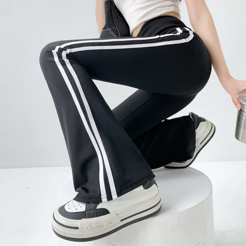 BIVIGAOS Striped Black Micro Flared Shark Pants Women High Waist Slim Sport Pocket Flared Leggings Spring Autumn Horseshoe Pants