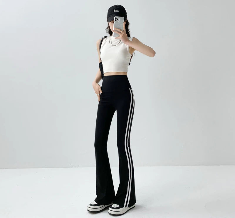 BIVIGAOS Striped Black Micro Flared Shark Pants Women High Waist Slim Sport Pocket Flared Leggings Spring Autumn Horseshoe Pants