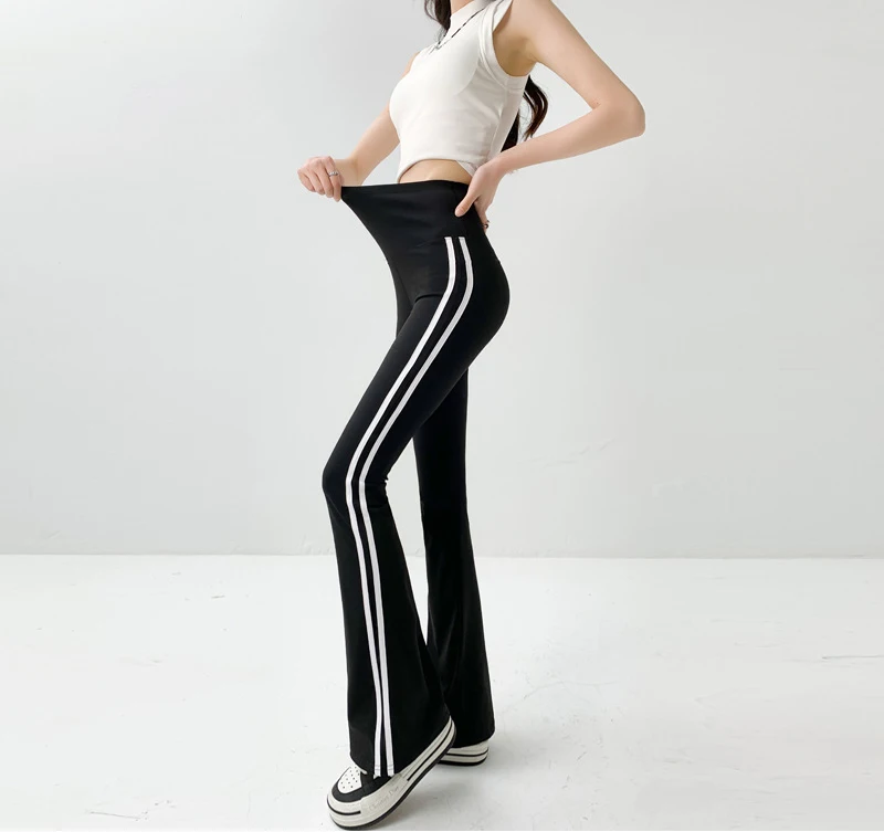 BIVIGAOS Striped Black Micro Flared Shark Pants Women High Waist Slim Sport Pocket Flared Leggings Spring Autumn Horseshoe Pants