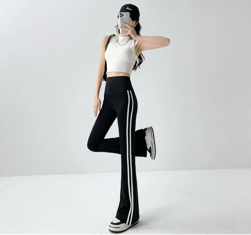 BIVIGAOS Striped Black Micro Flared Shark Pants Women High Waist Slim Sport Pocket Flared Leggings Spring Autumn Horseshoe Pants