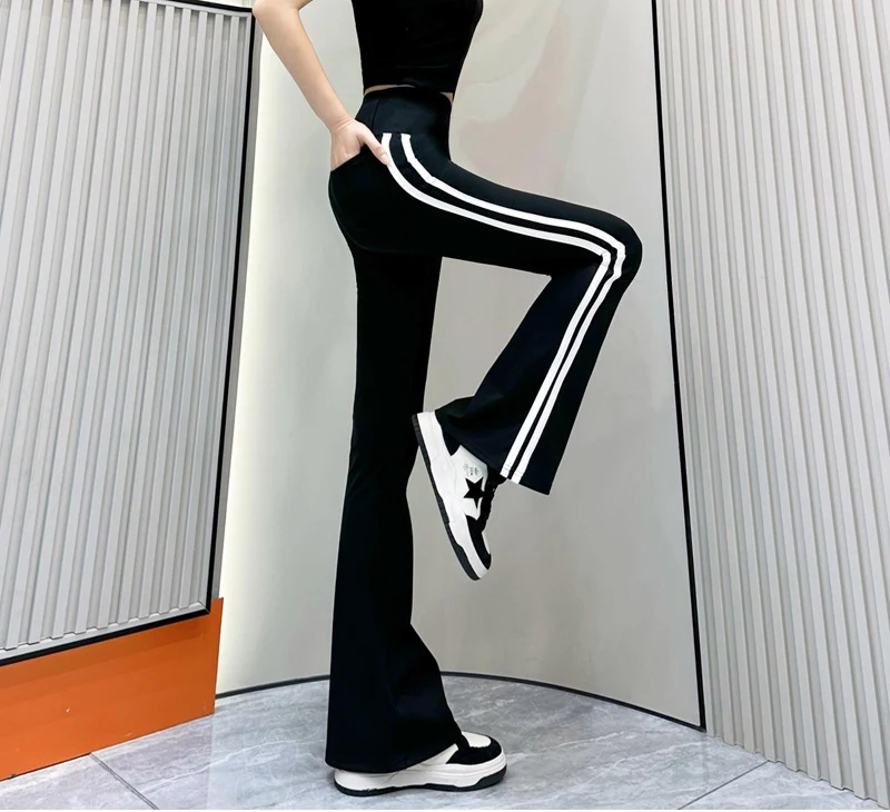 BIVIGAOS Striped Black Micro Flared Shark Pants Women High Waist Slim Sport Pocket Flared Leggings Spring Autumn Horseshoe Pants