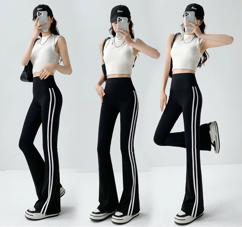 BIVIGAOS Striped Black Micro Flared Shark Pants Women High Waist Slim Sport Pocket Flared Leggings Spring Autumn Horseshoe Pants