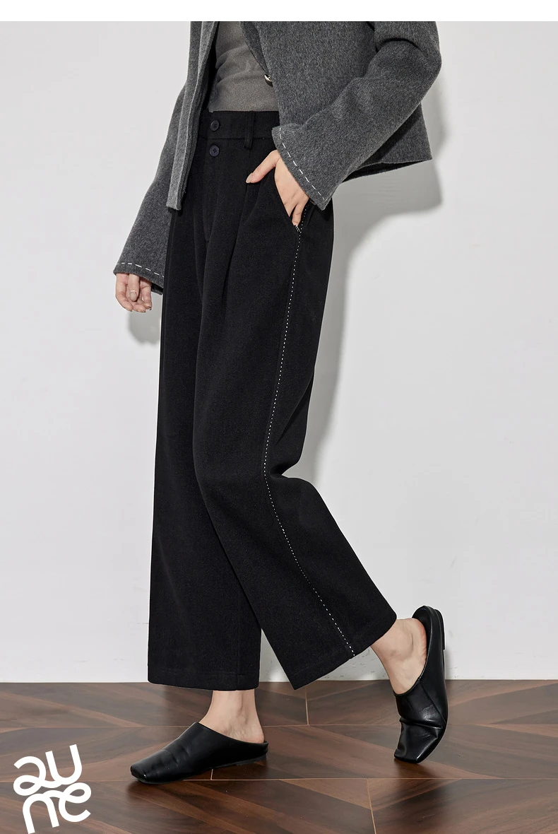 TOYOUTH Women Casual Pants 2024 Autumn and Winter New Ankle Length Stright Wide Leg Woolen Suit Pants