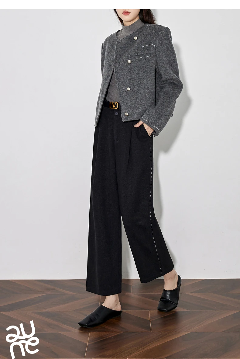 TOYOUTH Women Casual Pants 2024 Autumn and Winter New Ankle Length Stright Wide Leg Woolen Suit Pants