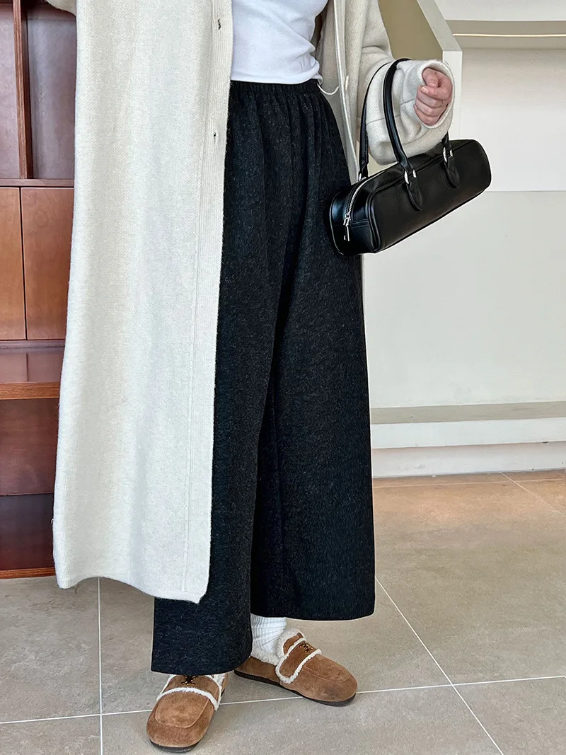 [LANMREM] Vintage Woolen Pants For Women Straight Wide Leg Trousers Office Lady Warm Loose Clothing 2025 Winter New 26C867