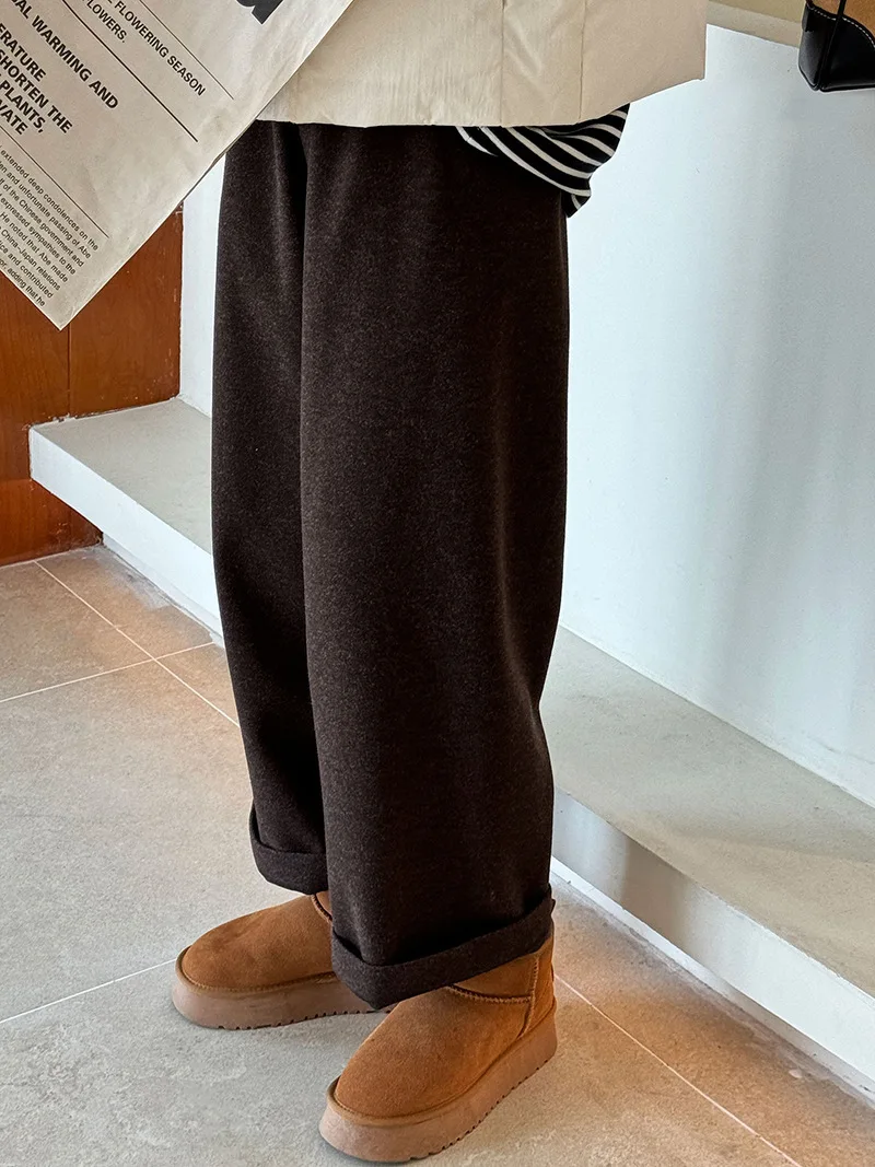 [LANMREM] Vintage Woolen Pants For Women Straight Wide Leg Trousers Office Lady Warm Loose Clothing 2025 Winter New 26C867