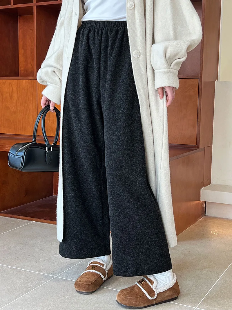 [LANMREM] Vintage Woolen Pants For Women Straight Wide Leg Trousers Office Lady Warm Loose Clothing 2025 Winter New 26C867