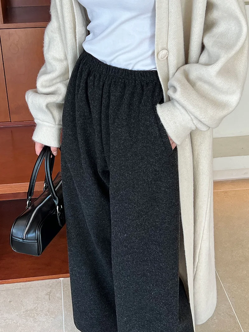 [LANMREM] Vintage Woolen Pants For Women Straight Wide Leg Trousers Office Lady Warm Loose Clothing 2025 Winter New 26C867