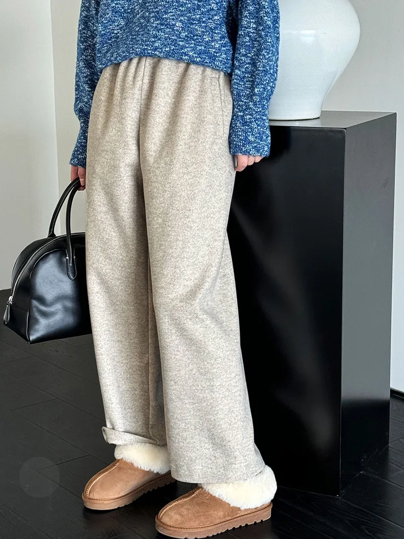 [LANMREM] Vintage Woolen Pants For Women Straight Wide Leg Trousers Office Lady Warm Loose Clothing 2025 Winter New 26C867