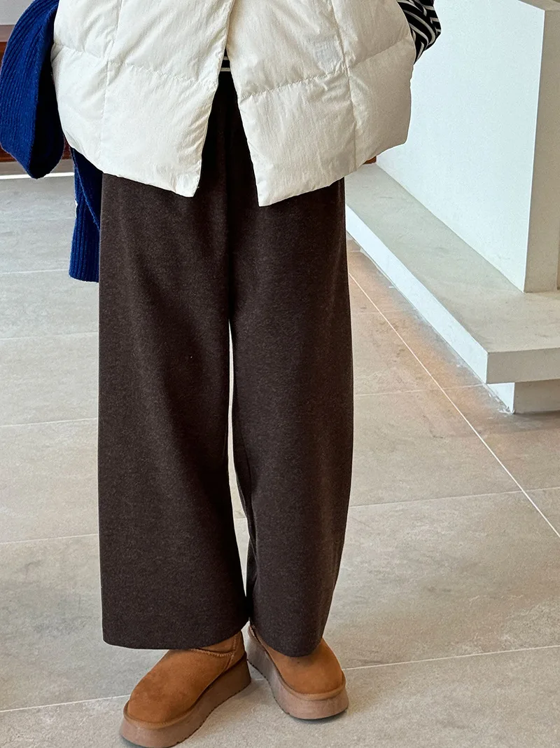 [LANMREM] Vintage Woolen Pants For Women Straight Wide Leg Trousers Office Lady Warm Loose Clothing 2025 Winter New 26C867