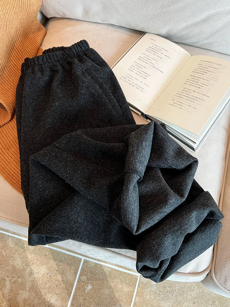 [LANMREM] Vintage Woolen Pants For Women Straight Wide Leg Trousers Office Lady Warm Loose Clothing 2025 Winter New 26C867