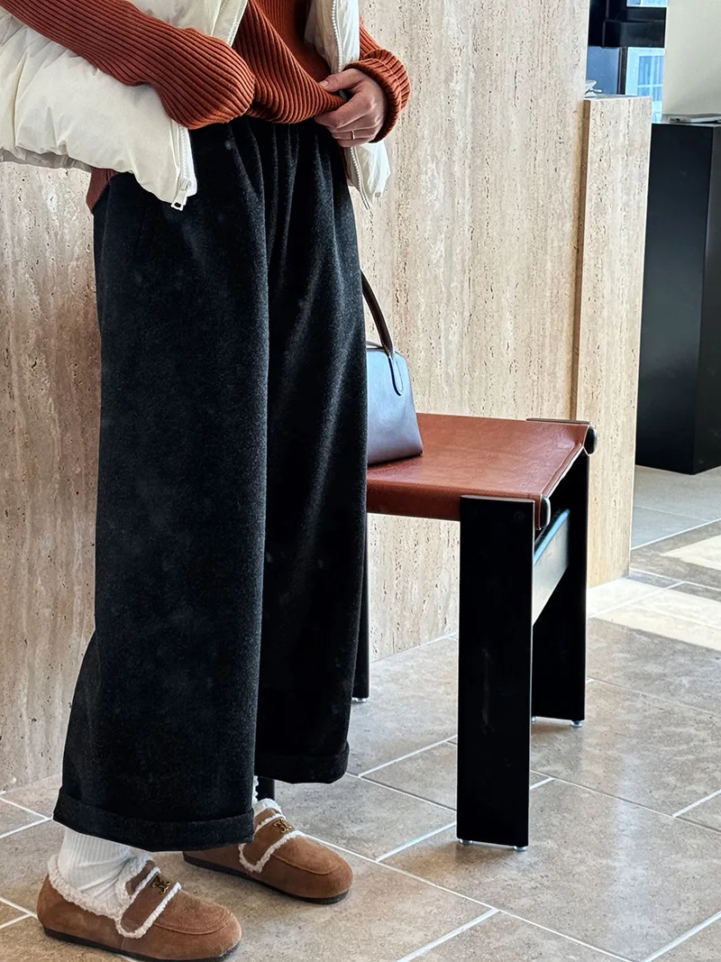 [LANMREM] Vintage Woolen Pants For Women Straight Wide Leg Trousers Office Lady Warm Loose Clothing 2025 Winter New 26C867