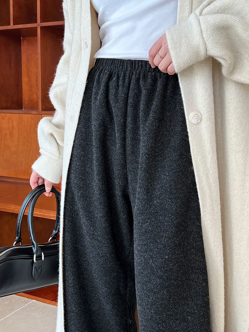 [LANMREM] Vintage Woolen Pants For Women Straight Wide Leg Trousers Office Lady Warm Loose Clothing 2025 Winter New 26C867