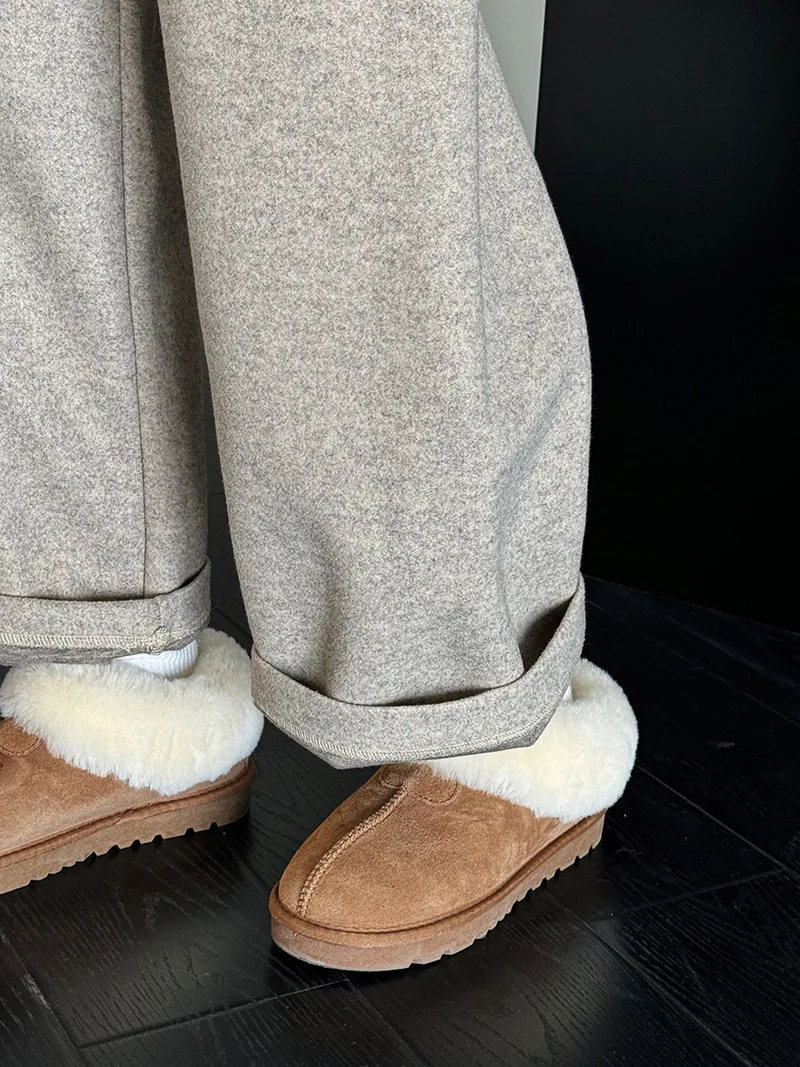 [LANMREM] Vintage Woolen Pants For Women Straight Wide Leg Trousers Office Lady Warm Loose Clothing 2025 Winter New 26C867