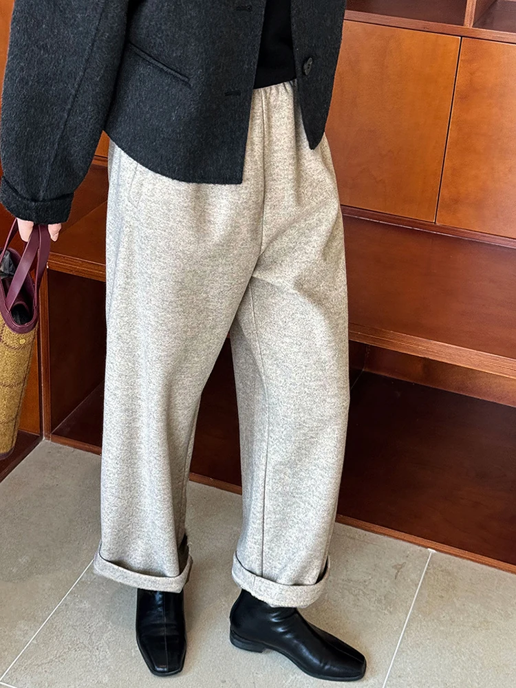 [LANMREM] Vintage Woolen Pants For Women Straight Wide Leg Trousers Office Lady Warm Loose Clothing 2025 Winter New 26C867
