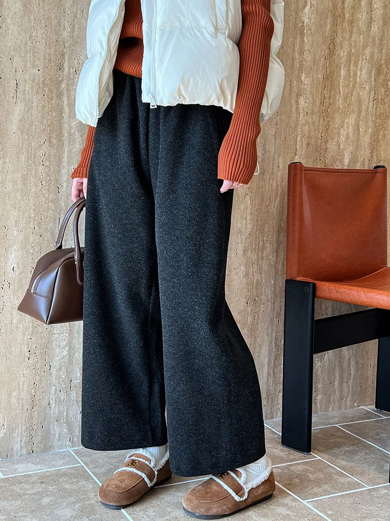 [LANMREM] Vintage Woolen Pants For Women Straight Wide Leg Trousers Office Lady Warm Loose Clothing 2025 Winter New 26C867