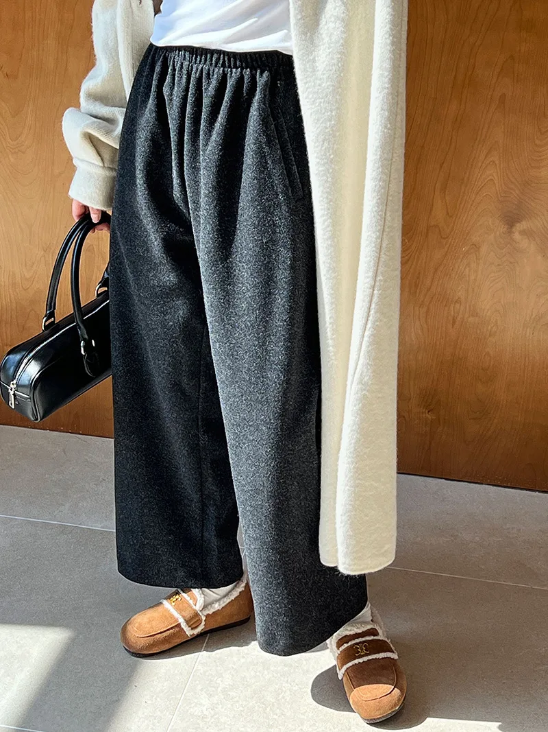 [LANMREM] Vintage Woolen Pants For Women Straight Wide Leg Trousers Office Lady Warm Loose Clothing 2025 Winter New 26C867