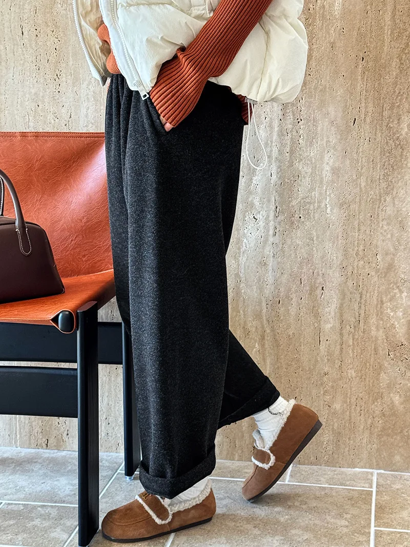 [LANMREM] Vintage Woolen Pants For Women Straight Wide Leg Trousers Office Lady Warm Loose Clothing 2025 Winter New 26C867