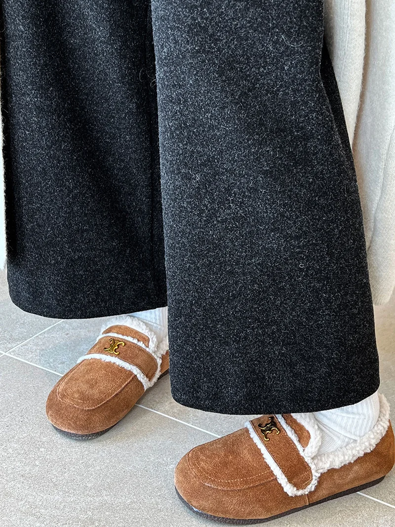 [LANMREM] Vintage Woolen Pants For Women Straight Wide Leg Trousers Office Lady Warm Loose Clothing 2025 Winter New 26C867