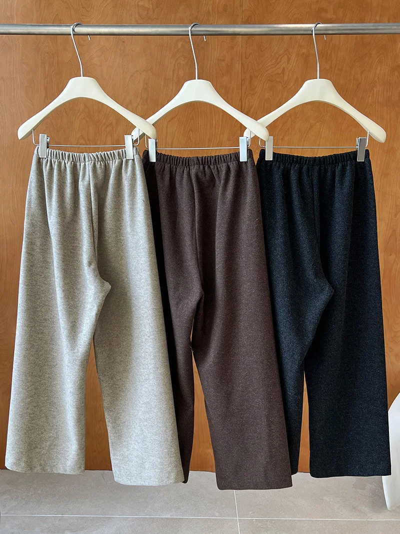 [LANMREM] Vintage Woolen Pants For Women Straight Wide Leg Trousers Office Lady Warm Loose Clothing 2025 Winter New 26C867