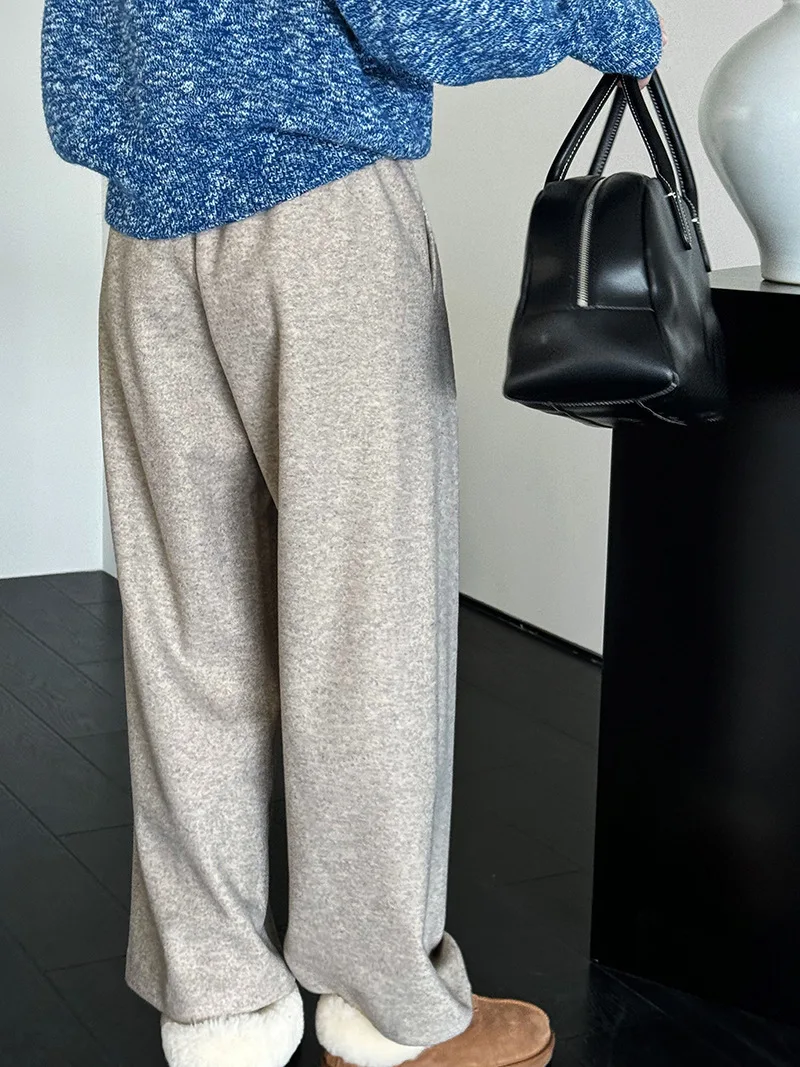 [LANMREM] Vintage Woolen Pants For Women Straight Wide Leg Trousers Office Lady Warm Loose Clothing 2025 Winter New 26C867