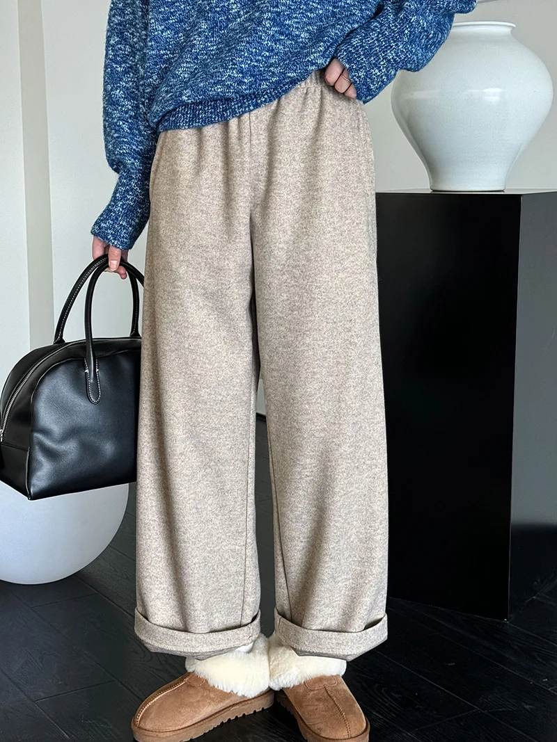 [LANMREM] Vintage Woolen Pants For Women Straight Wide Leg Trousers Office Lady Warm Loose Clothing 2025 Winter New 26C867
