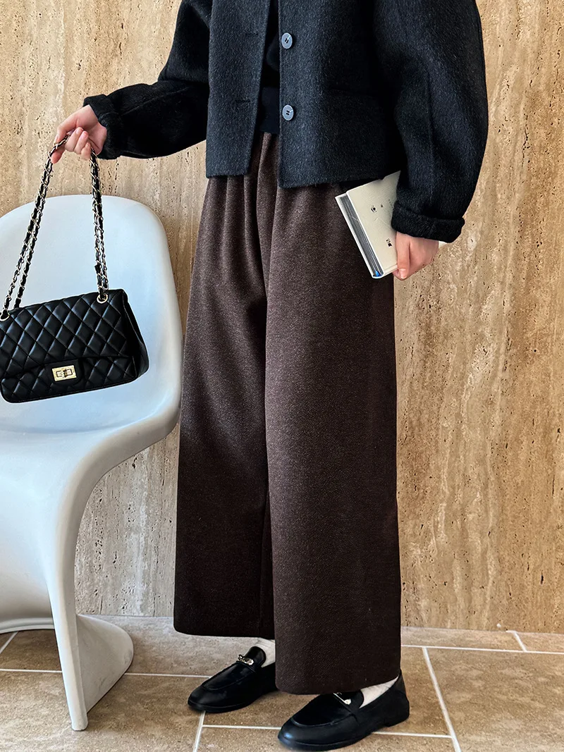 [LANMREM] Vintage Woolen Pants For Women Straight Wide Leg Trousers Office Lady Warm Loose Clothing 2025 Winter New 26C867