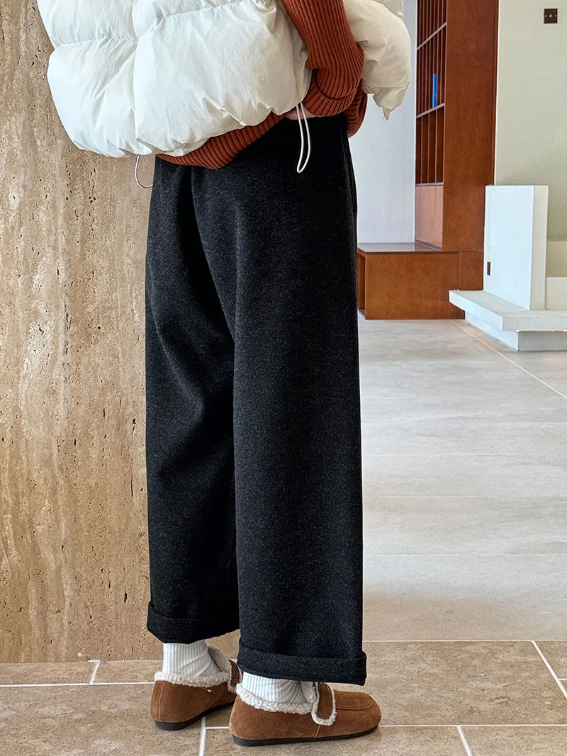 [LANMREM] Vintage Woolen Pants For Women Straight Wide Leg Trousers Office Lady Warm Loose Clothing 2025 Winter New 26C867