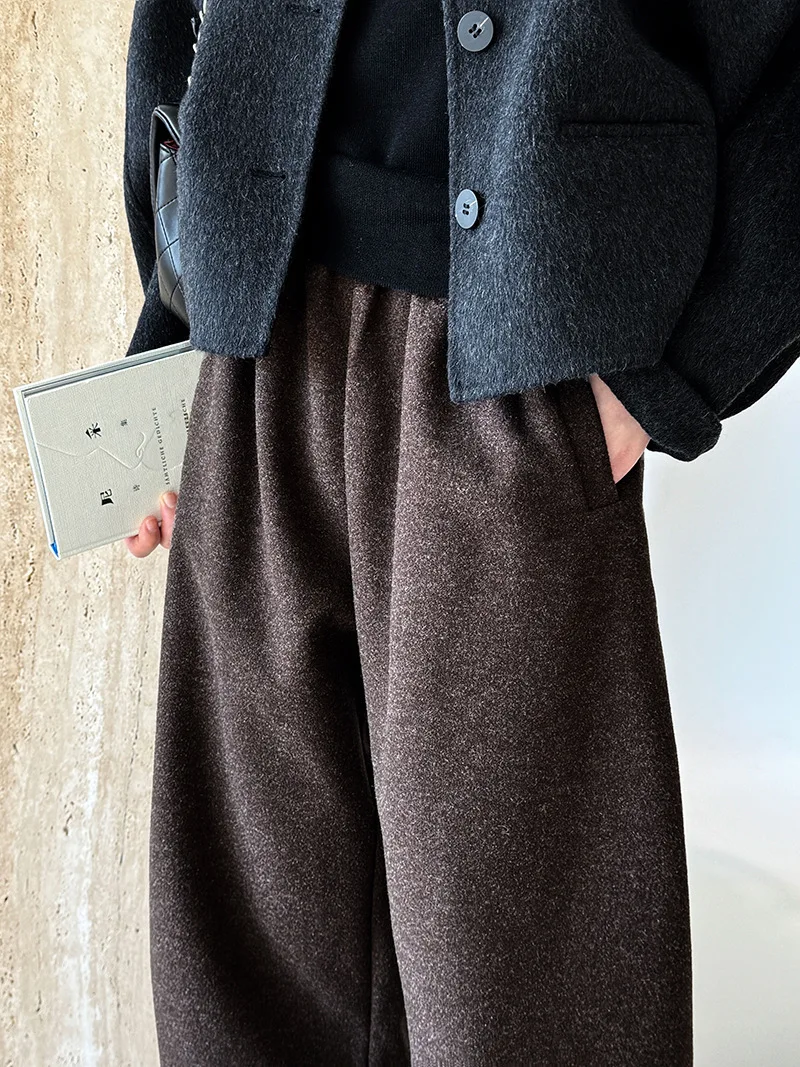 [LANMREM] Vintage Woolen Pants For Women Straight Wide Leg Trousers Office Lady Warm Loose Clothing 2025 Winter New 26C867