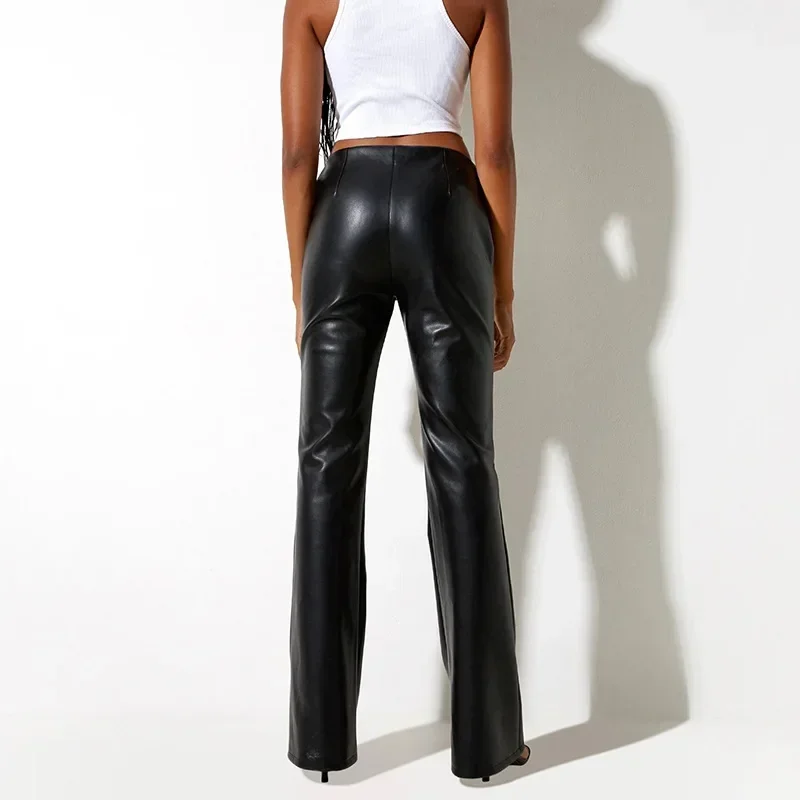 Women Low Waist Faux Leather Flare Pants Ladies Fashion Stretch PU Bell-bottom Bell-bottom Pink Hot Party Clubwear New Custom