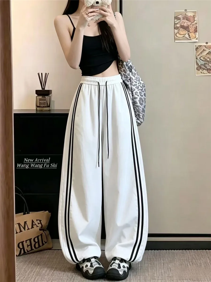 Loose Joggers Pants Women Stripes Drawstring Pants Streetwear Hip Hop Y2k Baggy Wide Leg Sweatpants Casual Fashion Thin Trousers
