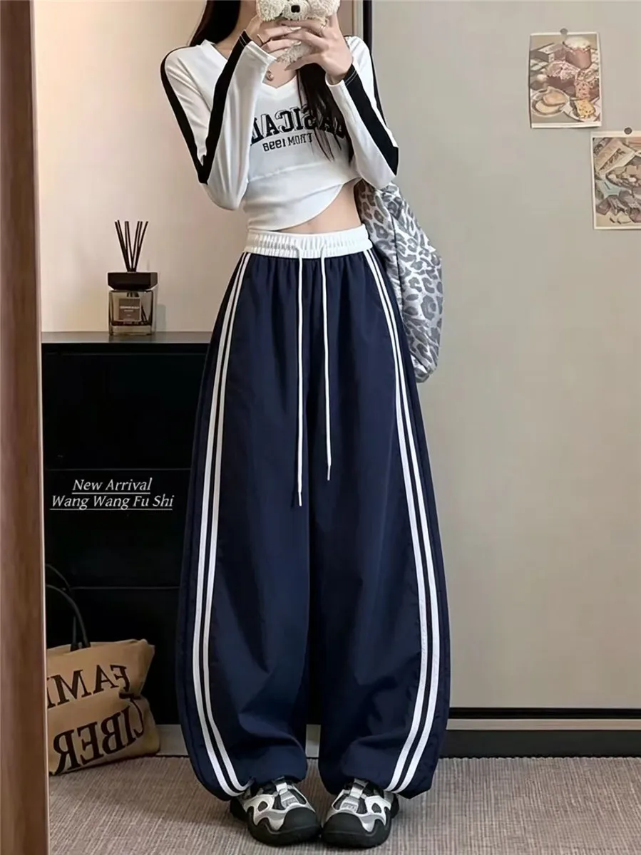 Loose Joggers Pants Women Stripes Drawstring Pants Streetwear Hip Hop Y2k Baggy Wide Leg Sweatpants Casual Fashion Thin Trousers