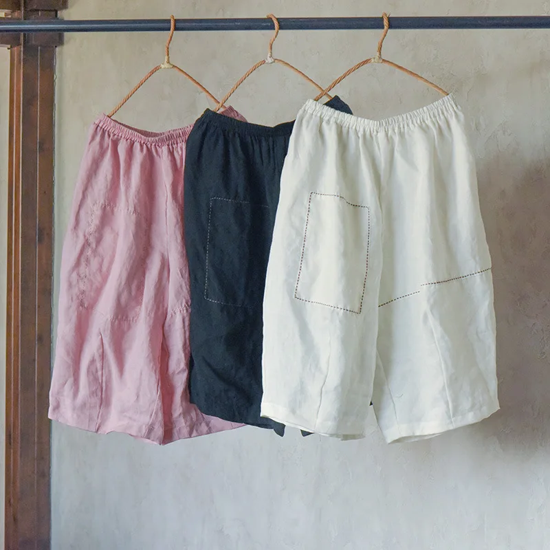 100% Linen Women Casual Calf-length Pants New Arrival 2025 Summer Vintage Style Loose Comfortable Female Wide Leg Pants M989