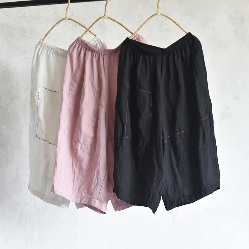 100% Linen Women Casual Calf-length Pants New Arrival 2025 Summer Vintage Style Loose Comfortable Female Wide Leg Pants M989