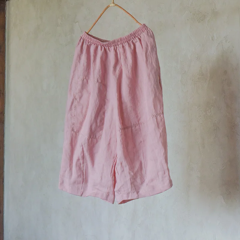 100% Linen Women Casual Calf-length Pants New Arrival 2025 Summer Vintage Style Loose Comfortable Female Wide Leg Pants M989