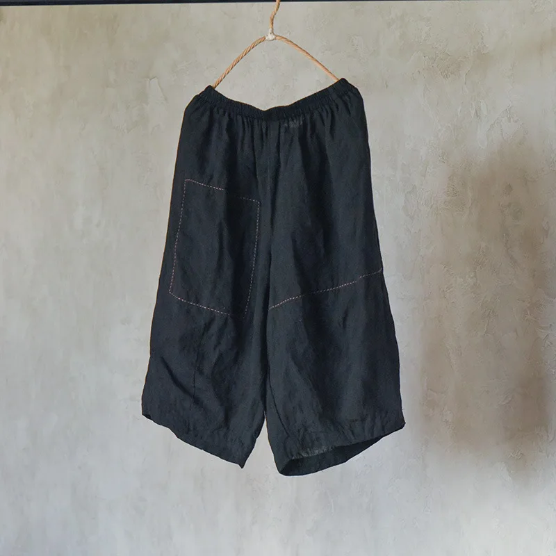 100% Linen Women Casual Calf-length Pants New Arrival 2025 Summer Vintage Style Loose Comfortable Female Wide Leg Pants M989